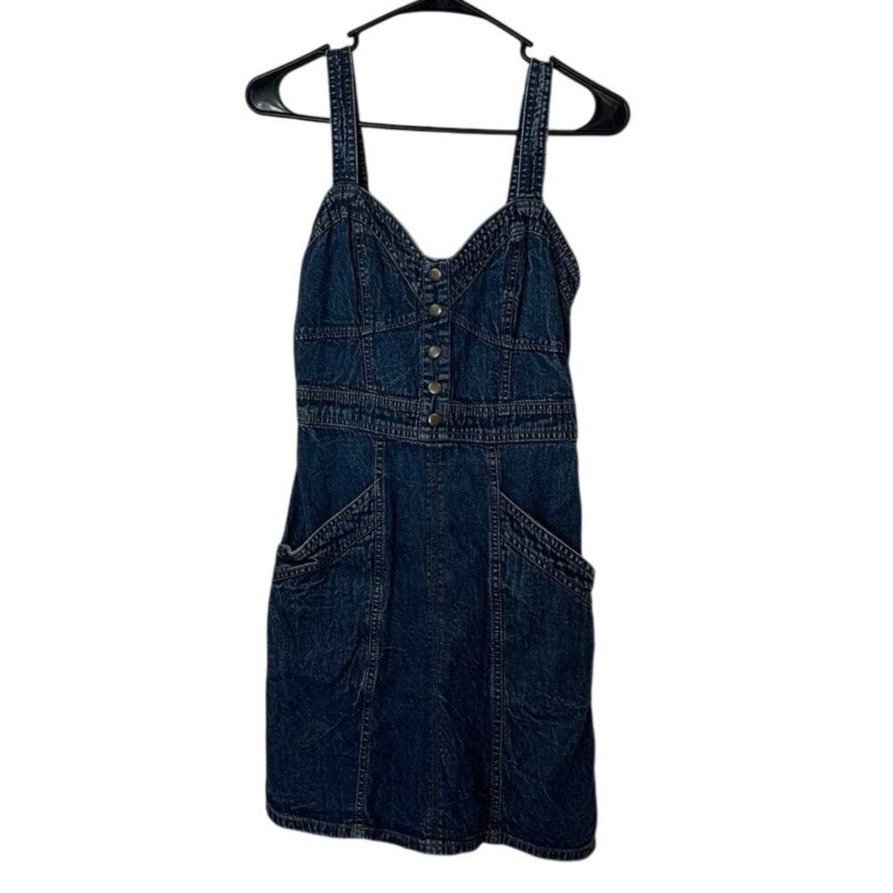 Japna Women’s Denim Mini Jumper Dress Size‎ S Dark Wash Pockets Smocked Y2K